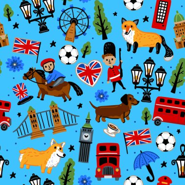 Parlak neşeli çocuklar, Büyük Britanya 'nın sembolleriyle kusursuz vektör desenleri. Londra mı? Union Jack, Big Ben, otobüs, muhafız, Köprü. Birleşik Krallık simgeleri. Çocuksu seyahat geçmişi