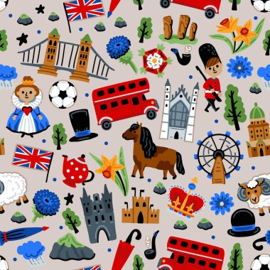 Parlak neşeli çocuklar, Büyük Britanya 'nın sembolleriyle kusursuz vektör desenleri. Londra mı? Union Jack, Stonehenge, otobüs, muhafız, Köprü. Birleşik Krallık simgeleri. Çocuksu seyahat geçmişi