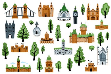 Büyük bir mimari ikonu. Web tasarımı için düz bina ikonları koleksiyonu. Beyaz arkaplanda vektör illüstrasyonu. Kentsel öğeler