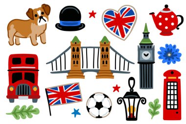 Londra seti, Birleşik Krallık Çizgi Film Simgeleri Tasarım Seyahat Konsepti. Kırmızı otobüs, bulldog, futbol topu. Seyahat işaretleri vektör çizimleri.