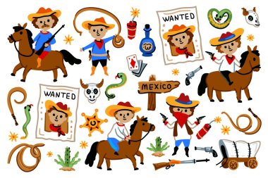 Kovboy karakterleri, Amerikan Vahşi Batı Koleksiyonu. Çocuk odası tasarımları için. Rodeo mu? Atlar, kafatasları, yılanlar, aranıyor