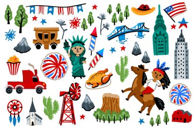 Çizgi film tarzı. Çocukça. 4 Temmuz. ABD 'nin sembolleri. Özgürlük Anıtı, Rushmore Dağı, bayrak, kovboy. Haritalar ve çocuk tasarımları için. Bağımsızlık Günü 'nün Amerikan unsurları.