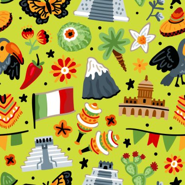 Parlak neşeli çocuklar Meksika sembollü kusursuz vektör deseni. Meksika, kaktüs, tukan, ulusal kostümler, çiçekler. Latin Amerika simgeleri. Çocuksu seyahat geçmişi