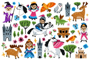 Büyük vektör Orta Çağ sihirli çocuk peri masalı karakterleri koleksiyonu. Çizgi film efsaneleri, Krallık elementleri. Çocuksu bir geçmiş. Prenses, Şövalye, Büyücü, Kale, tek boynuzlu at ve Ejderha