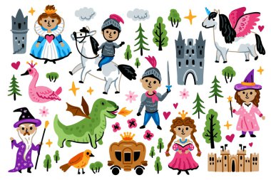 Büyük vektör Orta Çağ sihirli çocuk peri masalı karakterleri koleksiyonu. Çizgi film efsaneleri, Krallık elementleri. Çocuksu bir geçmiş. Prenses, Şövalye, Kale, tek boynuzlu at ve Ejderha. Sihirbaz