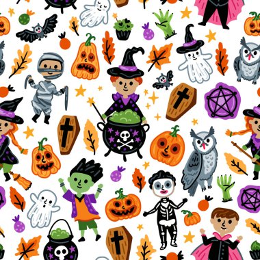 Kusursuz Cadılar Bayramı karakterleri, komik ve korkunç cadı, vampir ve canavar kostümlü çocuklar.