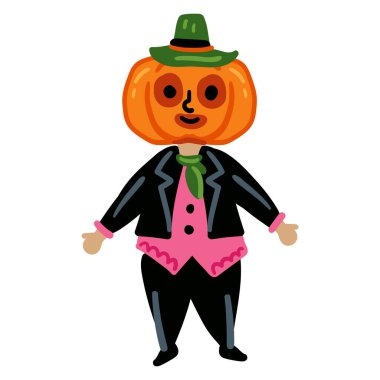 Funny Halloween kid boy with Pumpkin head costume character isolated on white background. Jack o lantern man in dress, cartoon magic child fairy clipart