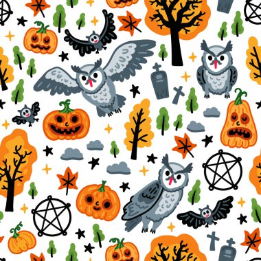 Cadılar Bayramı karakterlerinin kusursuz düzeni, Sonbahar balkabağı arasında uçan beyaz baykuşlar.