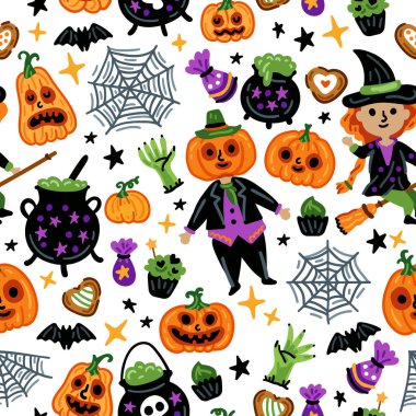 Kusursuz Cadılar Bayramı karakterleri, komik ve korkunç cadı, balkabağı ve canavar kostümlü çocuklar.