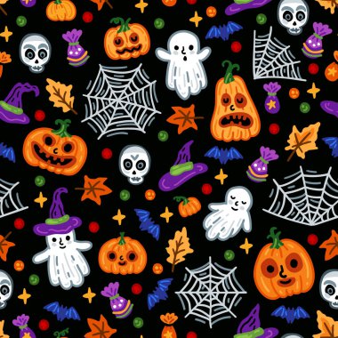 Cadılar Bayramı çocuksu balkabağı arkaplanı hayalet, ağ ve yarasa desenli. Çocuklar büyülü şeylerle geçmişlerini büyülerler.