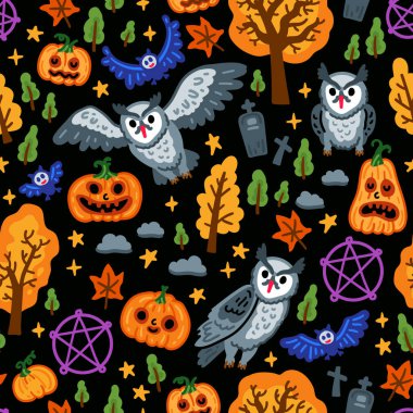 Baykuş ve yarasa desenli çocuksu balkabağı arkaplanı. Çocuklar büyülü şeylerle geçmişlerini büyülerler.