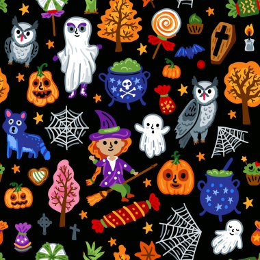 Sembolleri ve karakterleri pürüzsüz olan çocuksu balkabağı arkaplanı. Komik ve korkunç cadılı çocuklar, kedi ve baykuş. Büyülü şeyler ile cadı arka planı