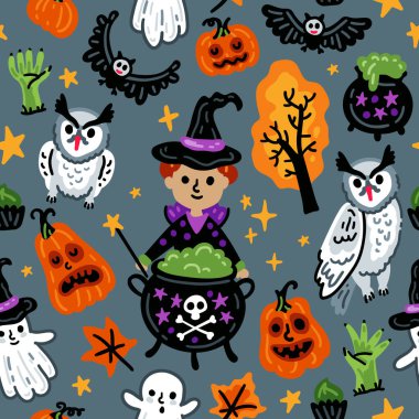 Kusursuz Cadılar Bayramı karakterleri, komik ve korkutucu cadısı olan çocuklar, baykuş ve balkabağı arka planı.