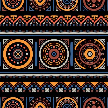 Etnik, yerli tarzında kusursuz. Afrika sanat dekorasyonlu vektör desenli kabile geometrik şekil sembolleri. Halk arka plan vektörü. Çadır pansiyoneri. Soyut Aztek çizgi motifi