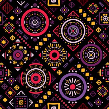 Etnik, yerli tarzında kusursuz. Afrika sanat dekorasyonlu vektör desenli kabile geometrik şekil sembolleri. Halk arka plan vektörü. Çadır pansiyoneri. Soyut Aztek çizgi motifi