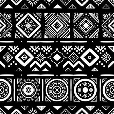 Siyah ve beyaz etnik kökenli, yerli tarzında kusursuz. Afrika sanat dekorasyonlu vektör desenli kabile geometrik şekil sembolleri. Halk arka plan vektörü. Çadır pansiyoneri. Soyut Aztek çizgi motifi
