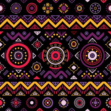 Etnik, yerli tarzında kusursuz. Afrika sanat dekorasyonlu vektör desenli kabile geometrik şekil sembolleri. Halk arka plan vektörü. Çadır pansiyoneri. Soyut Aztek çizgi motifi