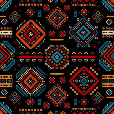 Etnik, yerli tarzında kusursuz. Afrika sanat dekorasyonlu vektör desenli kabile geometrik şekil sembolleri. Halk arka plan vektörü. Çadır pansiyoneri. Soyut Aztek çizgi motifi