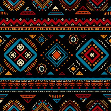 Etnik, yerli tarzında kusursuz. Afrika sanat dekorasyonlu vektör desenli kabile geometrik şekil sembolleri. Halk arka plan vektörü. Çadır pansiyoneri. Soyut Aztek çizgi motifi