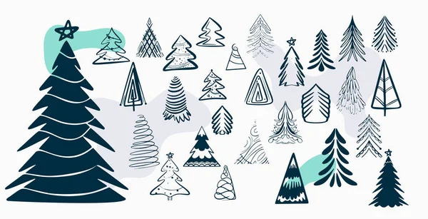 Pacote Árvore Natal Ornamentos Design Estilo Doodle — Vetor de Stock