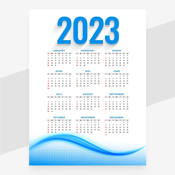Dalga Tasarım Vektörlü 2023 Ngilizce Takvim Düzeni — Stok Vektör