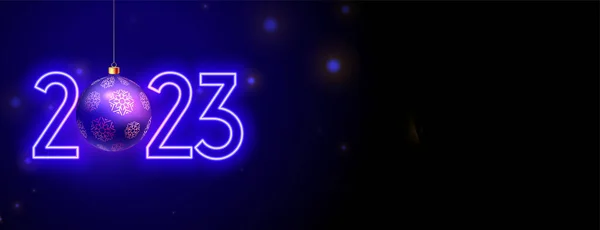 2023新年紫色条幅为霓虹灯风格 带有圣诞球矢量 — 图库矢量图片