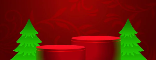 メリークリスマスお祝いの赤いバナー3D表彰台プラットフォームベクトル — ストックベクタ