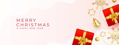 Gerçekçi hediye kutusu vektörlü mutlu noel davetiyesi pankartı 