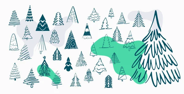 Grande Conjunto Enfeites Árvore Natal Estilo Doodle — Vetor de Stock