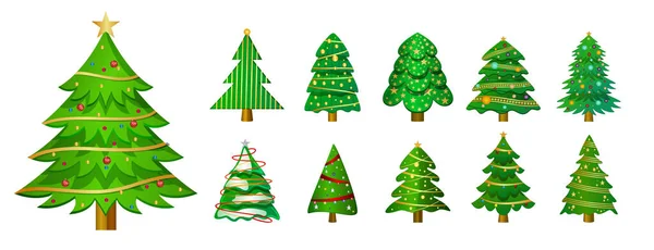 Set Green Christmas Tree Symbols Xmas Decoration Design — Stock Vector
