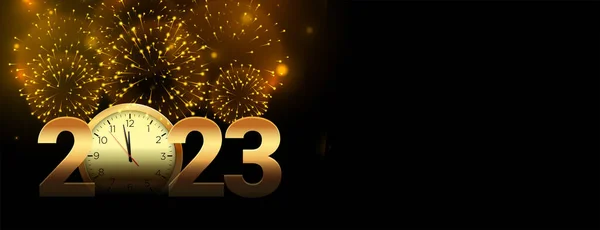 Frohes Neues Jahr 2023 Feier Banner Mit Feuerwerk Und Uhrenvektor — Stockvektor