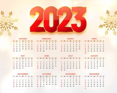 Kar tanesi vektör tasarımlı 2023 yeni yıl takvimi şablonu 