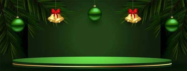 3D緑の表彰台のバナーともにクリスマスベルとボールでぶら下がりスタイルベクトル — ストックベクタ
