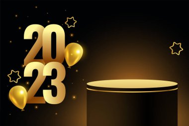 3D podyum tasarımlı dekoratif yeni yıl 2023 tatil afişi 