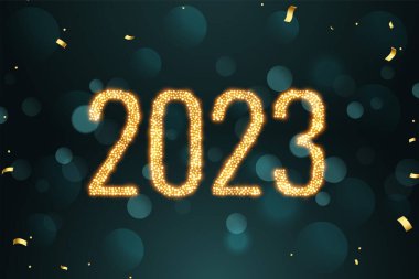 Bokeh etkisi vektörüyle yeni yıl festivali afişi için altın 2023 metin 