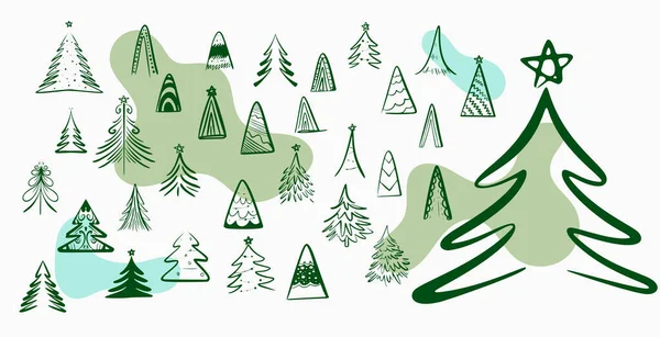 Karalama Tarzında Dizayn Edilmiş Noel Ağacı Ögeleri Paketi — Stok Vektör