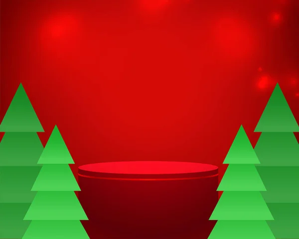 Podium Mit Weihnachtsbaum Design Auf Rotem Hintergrund — Stockvektor