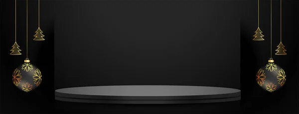 Plataforma Pódio Escuro Banner Preto Com Vetor Bauble Xmas — Vetor de Stock