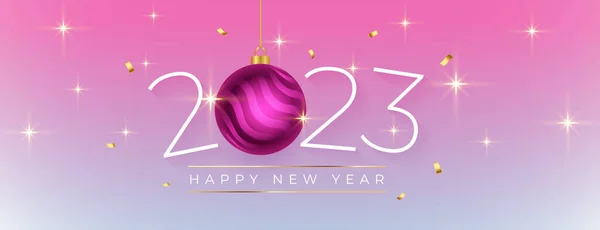 Feliz Año Nuevo 2023 Banner Evento Agradable Con Colgar Vector — Vector de stock