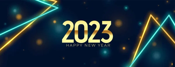 Mutlu Yıllar 2023 Parlak Bayrak Neon Işıklı Vektör — Stok Vektör