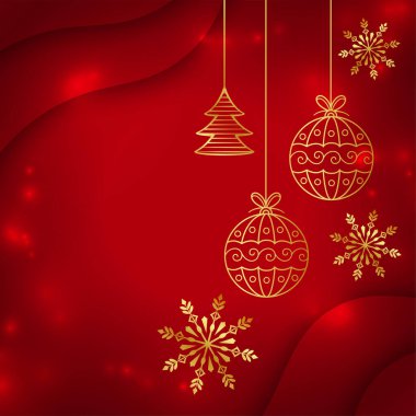 Kırmızı arkaplanda metin alanı olan altın noel ögeleri 