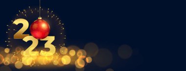 3d top ve bokeh ışık etkisi vektörüyle 2023 yeni yıl pankartı 