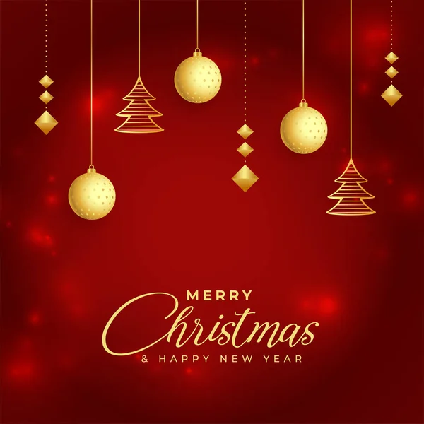 Doré Joyeux Noël Vacances Hiver Fond Rouge Avec Design Boule — Image vectorielle
