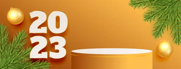 Feliz Año Nuevo 2023 Evento Banner Con Vector Plataforma Podio — Archivo Imágenes Vectoriales