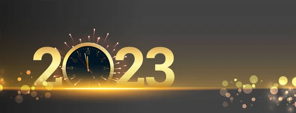 Šťastný Nový Rok 2023 Prapor Hodinami Bokeh Světelný Efekt Vektor — Stockový vektor
