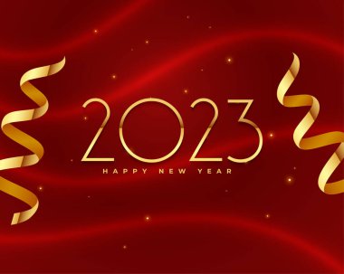 Mutlu yıllar kırmızı zemin 2023 metin efekti ve kurdele tasarımı 