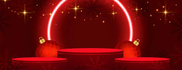 Неоновый Стиль Веселого Рождества Красное Знамя Подиум Вектор Безделушки — стоковый вектор