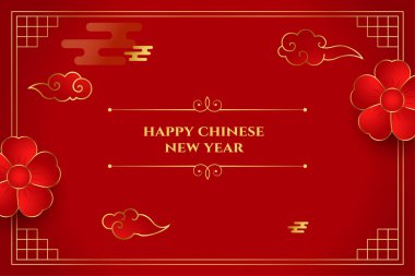 Sakura çiçeği ve bulut vektörlü mutlu Çin Yeni Yıl davetiyeleri 