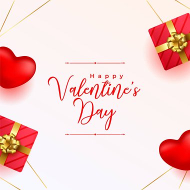 Gerçekçi kalpleri ve hediye kutusu vektörlü sevgililer günü tebrik kartı 