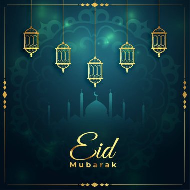 eid mubarark shiny background with mosque and hanging lamp vector 